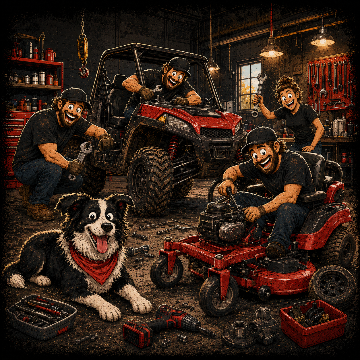 Comic-style D&S garage scene with outdoor power equipment, shop crew, tools and a black-and-white shop dog