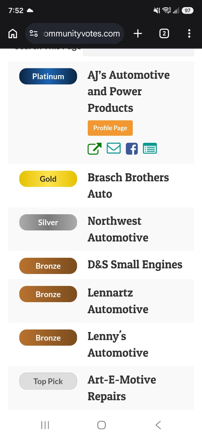 CommunityVotes Renfrew County 2026 results listing D&S Small Engines as a Bronze winner
